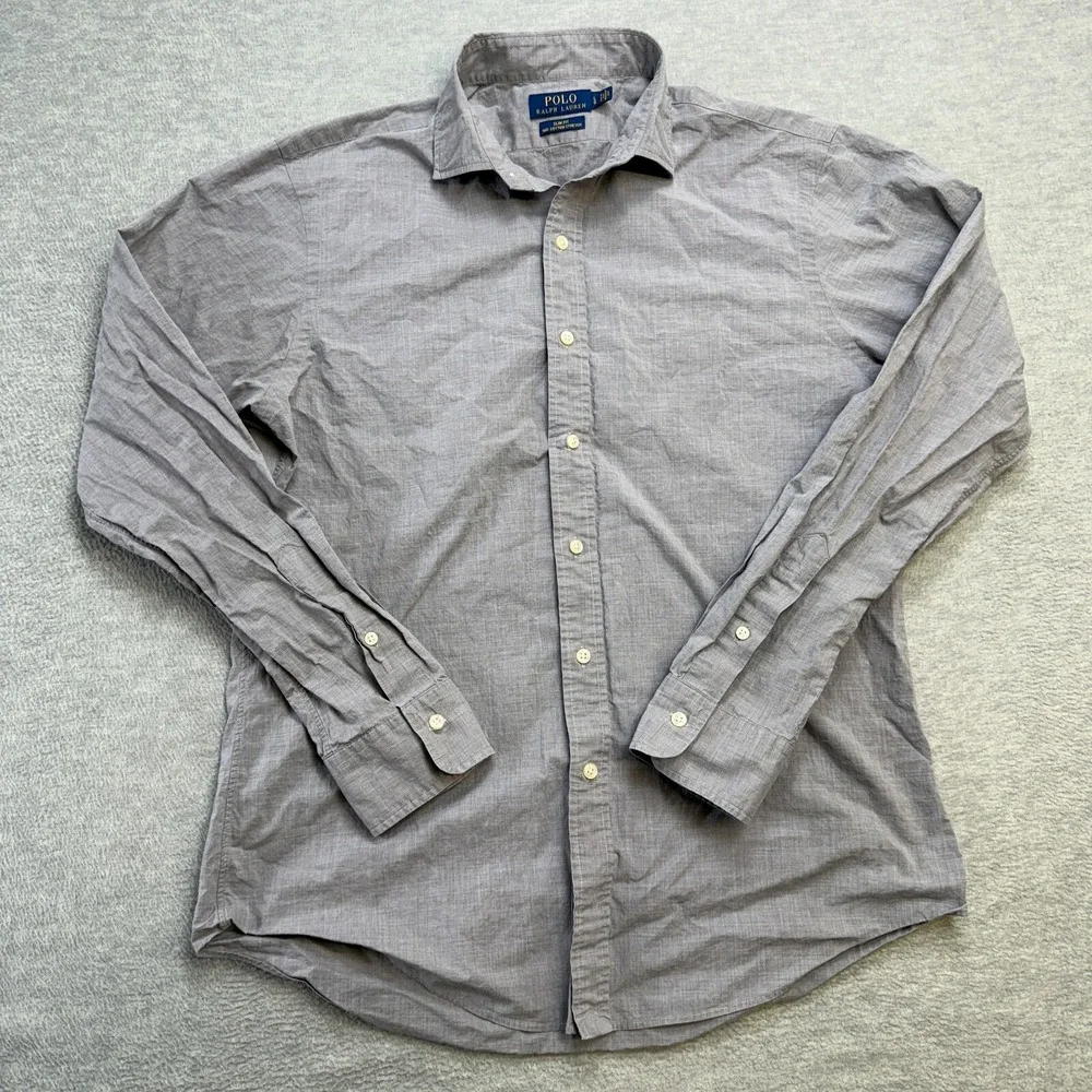 Polo Ralph Lauren‎ Shirt Mens Large Gray Slim Fit Cotton Stretch Lightweight